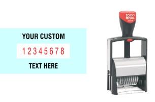 Order Now! 2000 Plus Classic Line 8 Band Number Stamp with custom text makes the repetitive task of numbering things quick and easy. Free Shipping. No Sales Tax - Ever!