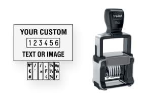 Order Now! Trodat 5546/PL Number Stamp with Text. Add customized text or artwork around the 6 adjustable number bands. Free Shipping. No Sales Tax - Ever!
