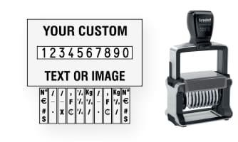 Order Now! Trodat 55510/PL Number Stamp with Text. Add customized text or artwork around the 10 adjustable number bands. Free Shipping. No Sales Tax - Ever!