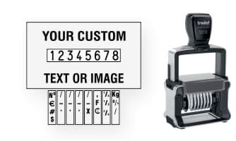 Order Now! Trodat 5558/PL Number Stamp with Text. Add customized text or artwork around the 8 adjustable number bands. Free Shipping. No Sales Tax - Ever!