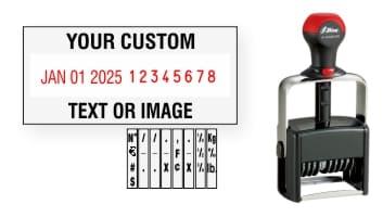 Order Now! Shiny 6408/DN Date & Number Stamp with Text. Add customized text or artwork around the adjustable date & number bands. Free Shipping. No Sales Tax - Ever!
