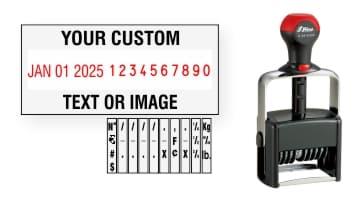 Order Now! Shiny 6410/DN Date & Number Stamp with Text. Add customized text or artwork around the adjustable date & number bands. Free Shipping. No Sales Tax - Ever!
