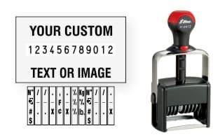 Order Now! Shiny 6412/PL Number Stamp with Text. Add customized text or artwork around the 12 adjustable number bands. Free Shipping. No Sales Tax - Ever!