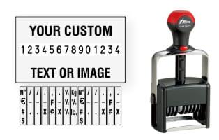 Order Now! Shiny 6414/PL Number Stamp with Text. Add customized text or artwork around the 14 adjustable number bands. Free Shipping. No Sales Tax - Ever!