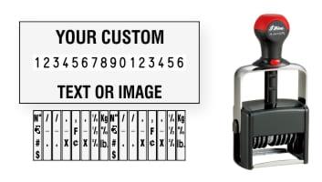 Order Now! Shiny 6416/PL Number Stamp with Text. Add customized text or artwork around the 16 adjustable number bands. Free Shipping. No Sales Tax - Ever!