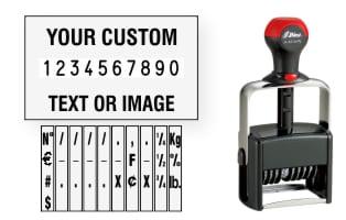 Order Now! Shiny 6510/PL Number Stamp with Text. Add customized text or artwork around the 10 adjustable number bands. Free Shipping. No Sales Tax - Ever!