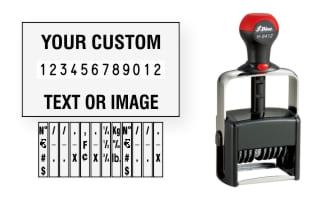 Order Now! Shiny 6512/PL Number Stamp with Text. Add customized text or artwork around the 12 adjustable number bands. Free Shipping. No Sales Tax - Ever!