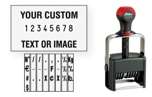 Order Now! Shiny 6558/PLNumber Stamp with Text. Add customized text or artwork around the 8 adjustable number bands. Free Shipping. No Sales Tax - Ever!