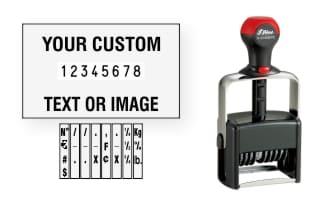 Order Now! Shiny 61608/PL Heavy Duty  Number Stamp with Text. Add customized text or artwork around the 8 adjustable number bands. Free Shipping. No Sales Tax - Ever!