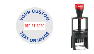 Order Now! 2000 Plus R2045-6 Round Date Stamp is self-inking, has a 1-3/4" round impression area, and includes 5+ year bands and phrases. Customize up to 4 lines of text. Free Shipping! No Sales Tax - Ever!