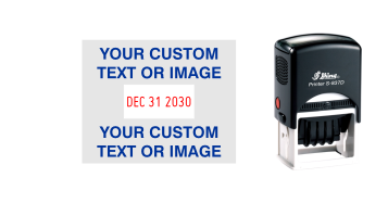 Shiny custom date stamps made daily online. Add your custom text to a changeable date stamp with 11+ year bands. All date stamps manufactured same day. 100% guaranteed. No sales tax ever.