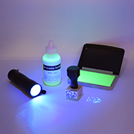 1 1/2 Round UV Glow in the Dark Hand Stamping Kit Custom Stamp, Ink Pad,  and a 2oz Bottle of UV Ink 