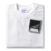 picture of a white t-shirt with a self-inking fabric stamp and impression inside the collar