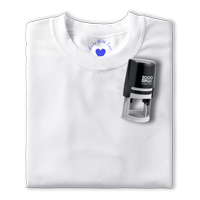 picture of a white t-shirt with a self-inking fabric stamp and impression inside the collar