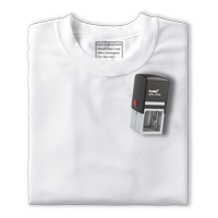 picture of a white t-shirt with a self-inking fabric stamp and impression inside the collar