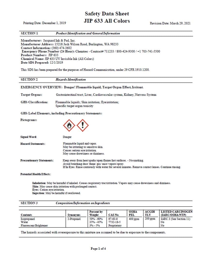 UV Invisible Ink MSDS