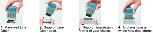 4 picture graphic of how to replace or switch an Xstamper VersaDater frame.