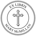 Order Now! Handheld Or Desktop Embosser with a 1-5/8" round 'Ex Libris' with cross design. Personalize it by adding your name. Free Shipping. No Sales Tax - Ever.