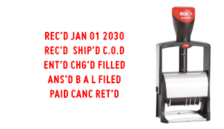 COLOP 2024 Date Stamp with 12 Abbreviated Phrases. The Metal reinforced frame, and self-inking stamp is available in 8 ink colors! Free shipping!