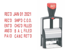 COLOP 2024 Date Stamp with 12 Abbreviated Phrases. The Metal reinforced frame, and self-inking stamp is available in 8 ink colors! Free shipping!