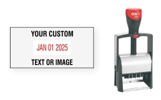 COLOP (1-1/8" x 2-5/16") 2460 date stamps with up to 4 customizable lines of text. 1 business day turn around. Free shipping! No sales tax!