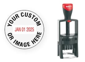 COLOP R2045-6 Round Date Stamp includes 5+ year bands and phrases. Customize up to 4 lines of text. Free Shipping!