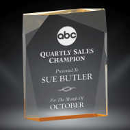 Order Now! 6" Rectangular shaped prism acrylic freestanding award with gold accents. Custom laser engraved with your submitted text or artwork. Free Shipping! No Sales Tax - Ever!