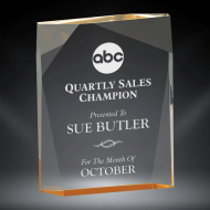 Order Now! 5" Rectangular shaped prism acrylic freestanding award with gold accents. Custom laser engraved with your submitted text or artwork.
Free Shipping! No Sales Tax - Ever!