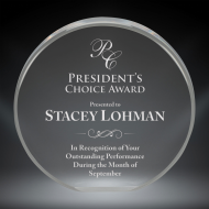 Order Now! 5" Circle shaped clear acrylic freestanding award. Custom laser engraved with your submitted text or artwork.
Free Shipping! No Sales Tax - Ever!