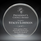 4" Circle shaped clear acrylic freestanding award. Custom laser engraved with your submitted text or artwork.
Free Shipping!