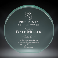 Order Now! 4" Circle shaped jade acrylic freestanding award. Custom laser engraved with your submitted text or artwork.
Free Shipping! No Sales Tax - Ever!