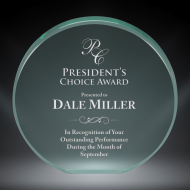 Order Now! 4" Circle shaped jade acrylic freestanding award. Custom laser engraved with your submitted text or artwork.
Free Shipping! No Sales Tax - Ever!