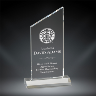 Order Now! 6 3/4" Clear rectangle shaped acrylic award with angled peak on top. Custom laser engraved with your submitted text or artwork.
Free Shipping! No Sales Tax - Ever!