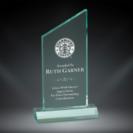 7 3/4" Jade rectangle shaped acrylic award with angled peak on top. Custom laser engraved with your submitted text or artwork. Free Shipping