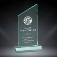 8 3/4" Jade rectangle shaped acrylic award with angled peak on top. Custom laser engraved with your submitted text or artwork. Free Shipping!