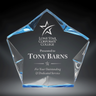 Order Now! 4 5/8" Star shaped clear acrylic freestanding award with blue accents. Custom laser engraved with your submitted text or artwork.
Free Shipping! No Sales Tax - Ever!