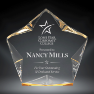 Order Now! 4 5/8" Star shaped clear acrylic freestanding award with gold accents. Custom laser engraved with your submitted text or artwork. Free Shipping! No Sales Tax - Ever!