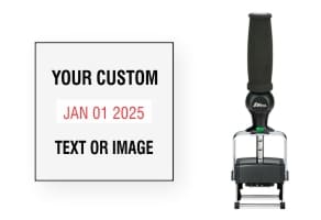 Order Now! Shiny 6105 Heavy Metal Date Stamp with Ergonomic Handle. Add lines of text or upload artwork to the imprint area around the date. Free Shipping. No Sales Tax - Ever!