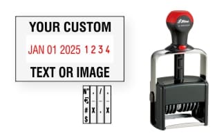 Order Now! Shiny 6404/DN Date & Number Stamp with Text. Add customized text or artwork around the adjustable date & number bands. Free Shipping. No Sales Tax - Ever!