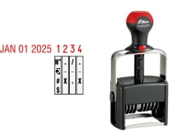 Order Now! Shiny 6404 Date & Number Stamp. Comes with date and 4 adjustable number bands with 0-9 and other symbols. Free Shipping. No Sales Tax - Ever!