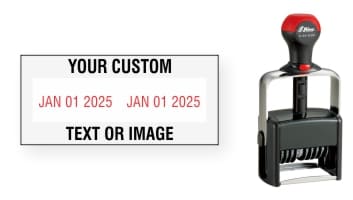 Customizable Shiny 6410 "Double" Dater Stamps. Add lines of text or upload artwork to imprint around the date. Free Shipping. No Sales Tax!