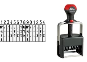 Order Now! Shiny 6414 Number Stamp. Comes with 14 adjustable number bands with digits 0-9 and other symbols. Free Shipping. No Sales Tax - Ever!