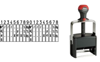 Order Now! Shiny 6418 Number Stamp. Comes with 18 adjustable number bands with digits 0-9 and other symbols. Free Shipping. No Sales Tax - Ever!