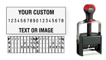 Personalize a Shiny 6418/PL number stamp with your text! Add custom text or artwork around the 18 adjustable number bands. Free Shipping. No Sales Tax!