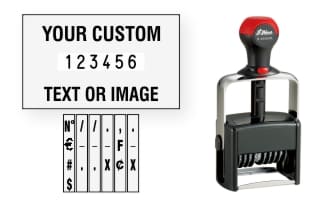 Order Now! Shiny 6556/PL Number Stamp with Text. Add customized text or artwork around the 6 adjustable number bands. Free Shipping. No Sales Tax - Ever!
