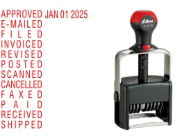 Order Now! Shiny 6770 Heavy Duty Date & Phrase Stamp. 5/32" tall digits, 11+ years, additional phrases that print next to date. Free Shipping. No Sales Tax - Ever!