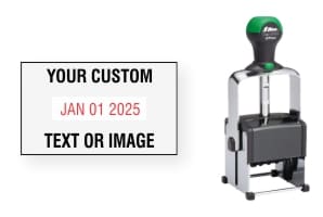 Order Now! Shiny 6103 Heavy Metal Date Stamp. Add lines of text or upload artwork to the imprint area around the date. Free Shipping. No Sales Tax - Ever!