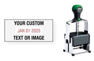 Order Now! Shiny 6104 Heavy Metal Date Stamp. Add lines of text or upload artwork to the imprint area around the date. Free Shipping. No Sales Tax - Ever!