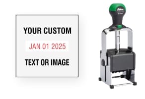 Order Now! Shiny 6105 Heavy Metal Date Stamp. Add lines of text or upload artwork to the imprint area around the date. Free Shipping. No Sales Tax - Ever!