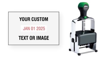 Order Now! Shiny 6107 Heavy Metal Date Stamp. Add lines of text or upload artwork to the imprint area around the date. Free Shipping. No Sales Tax - Ever!